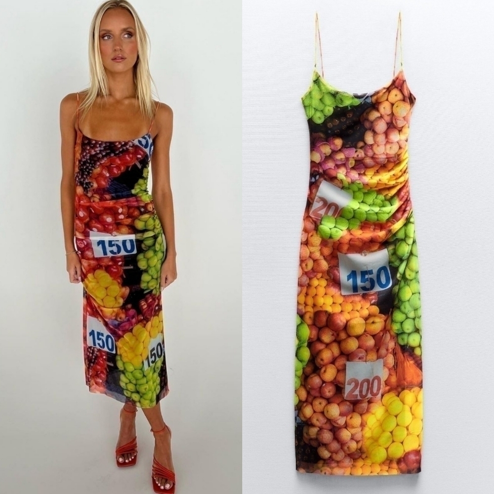 New Zara Fruit Mesh Spaghetti Strap Maxi Dress NWT Medium